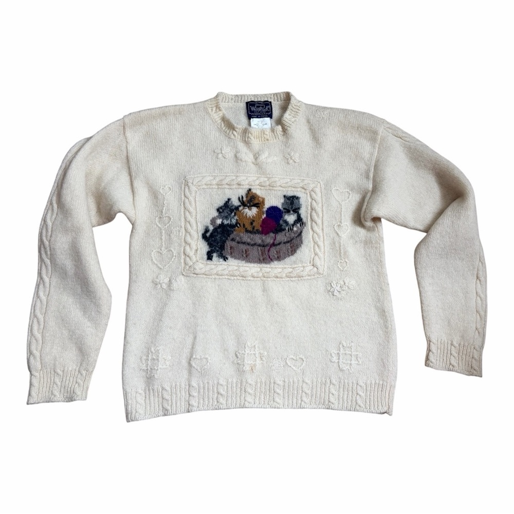 Woolrich Cream Crewneck Sweater with Kitten Basket Motif